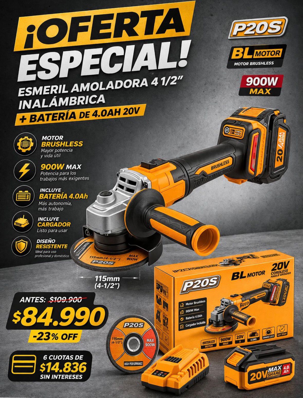 🔥 Esmeril Angular Inalámbrico INGCO 20V 4 1/2”