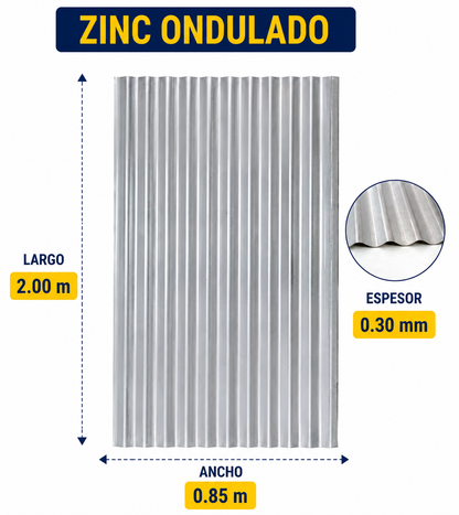 Plancha de Zinc Acanalada -0.30 mm - 85,1 x 200 cm (OFERTA SOBRE 10 UNIDAES)