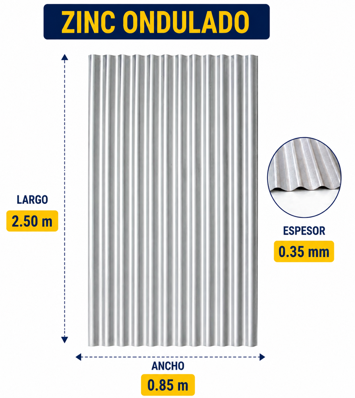 Plancha de Zinc Acanalada – 0.35 mm | 85,1 x 250 cm
