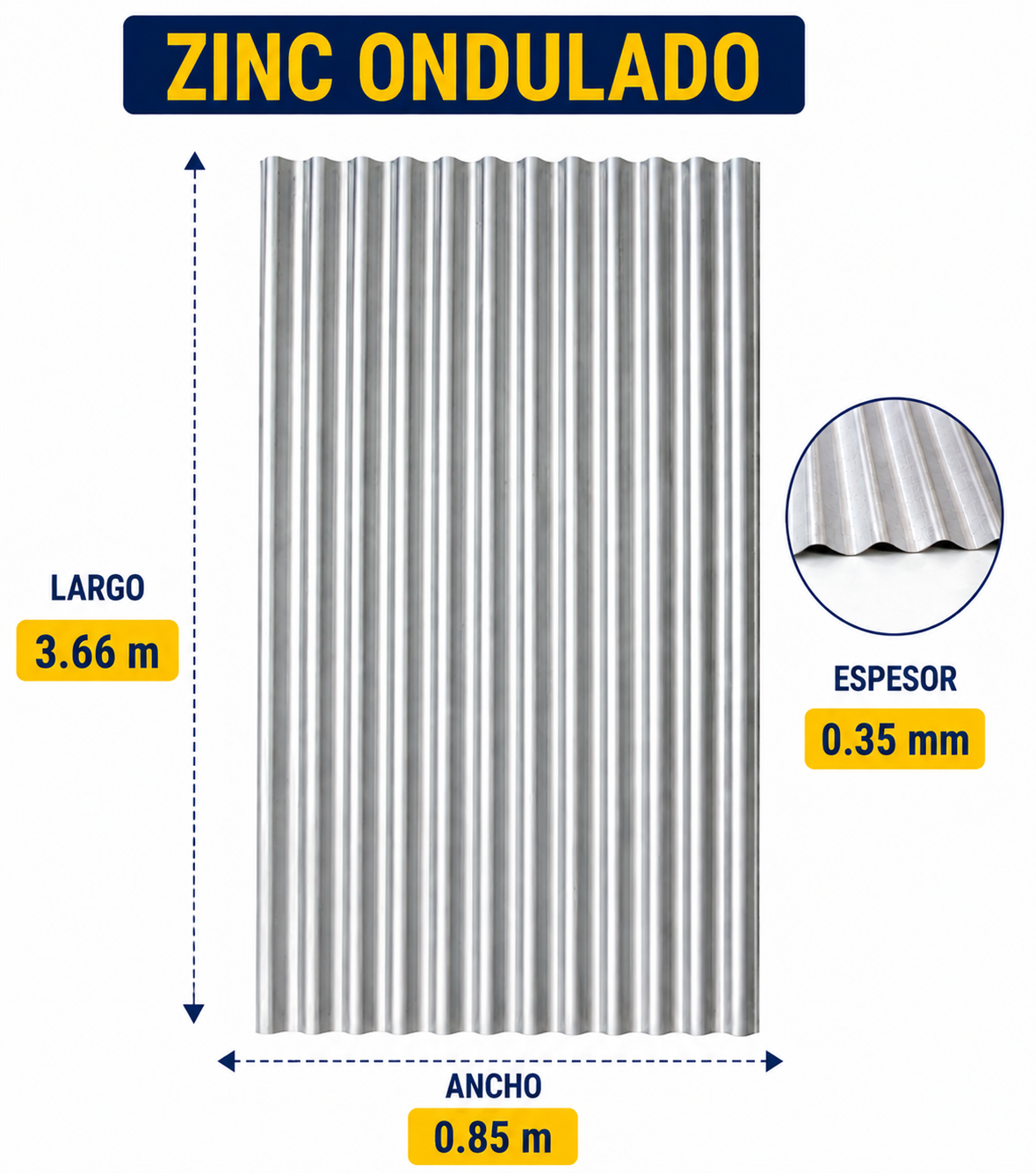 Plancha de Zinc Acanalada – 0.35 mm | 85,1 x 366 cm