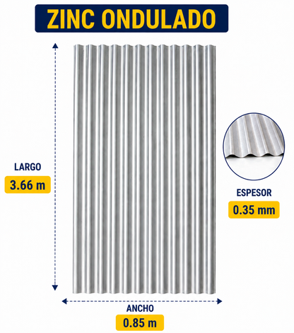 Plancha de Zinc Acanalada – 0.35 mm | 85,1 x 366 cm