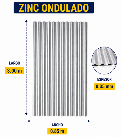 Plancha de Zinc Acanalada – 0.35 mm | 85,1 x 200 cm