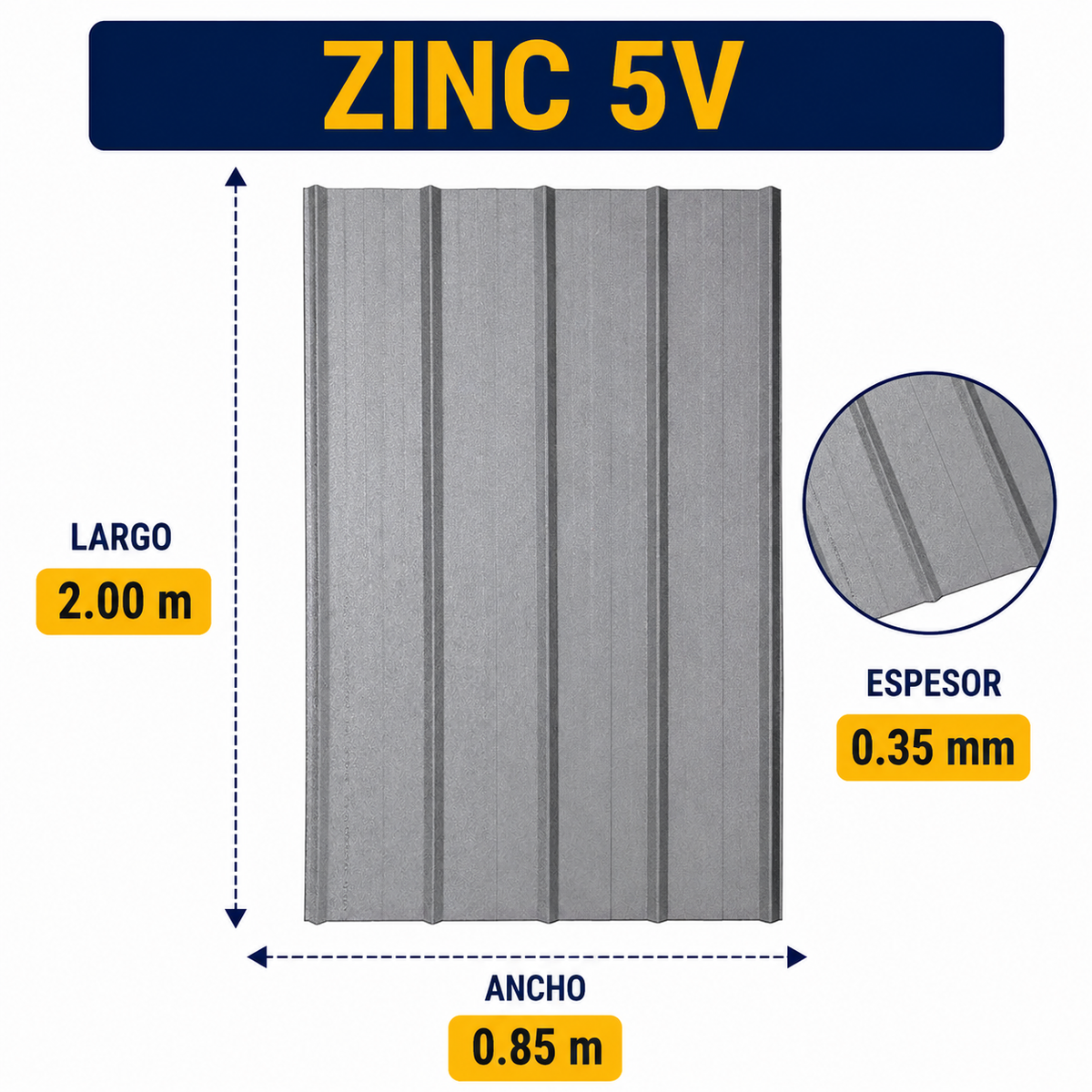 Plancha de Zinc 5V – 0.35 mm | 89,5 x 200 cm