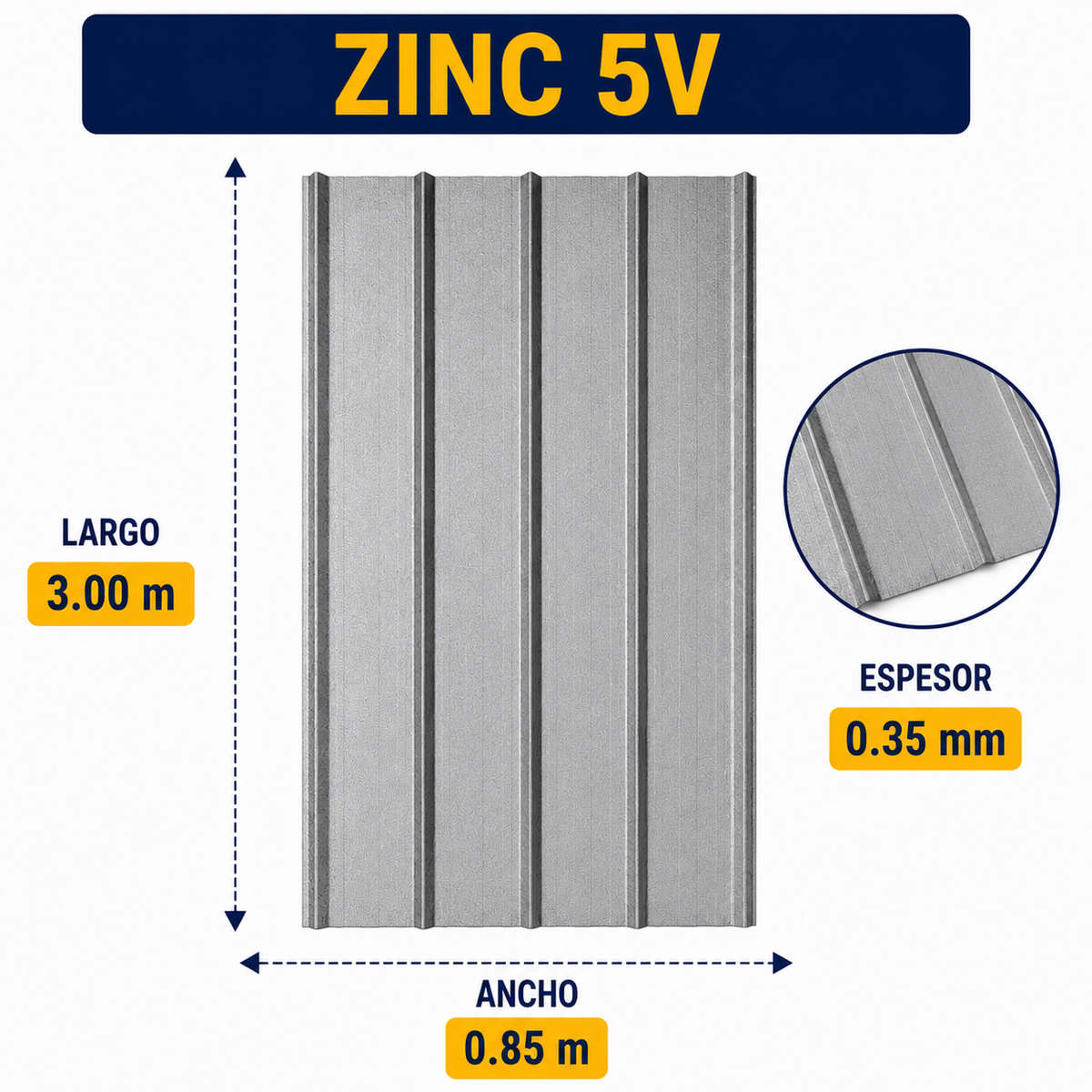 Plancha de Zinc 5V – 0.35 mm | 89,5 x 300 cm