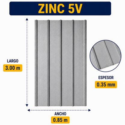 Plancha de Zinc 5V – 0.35 mm | 89,5 x 300 cm