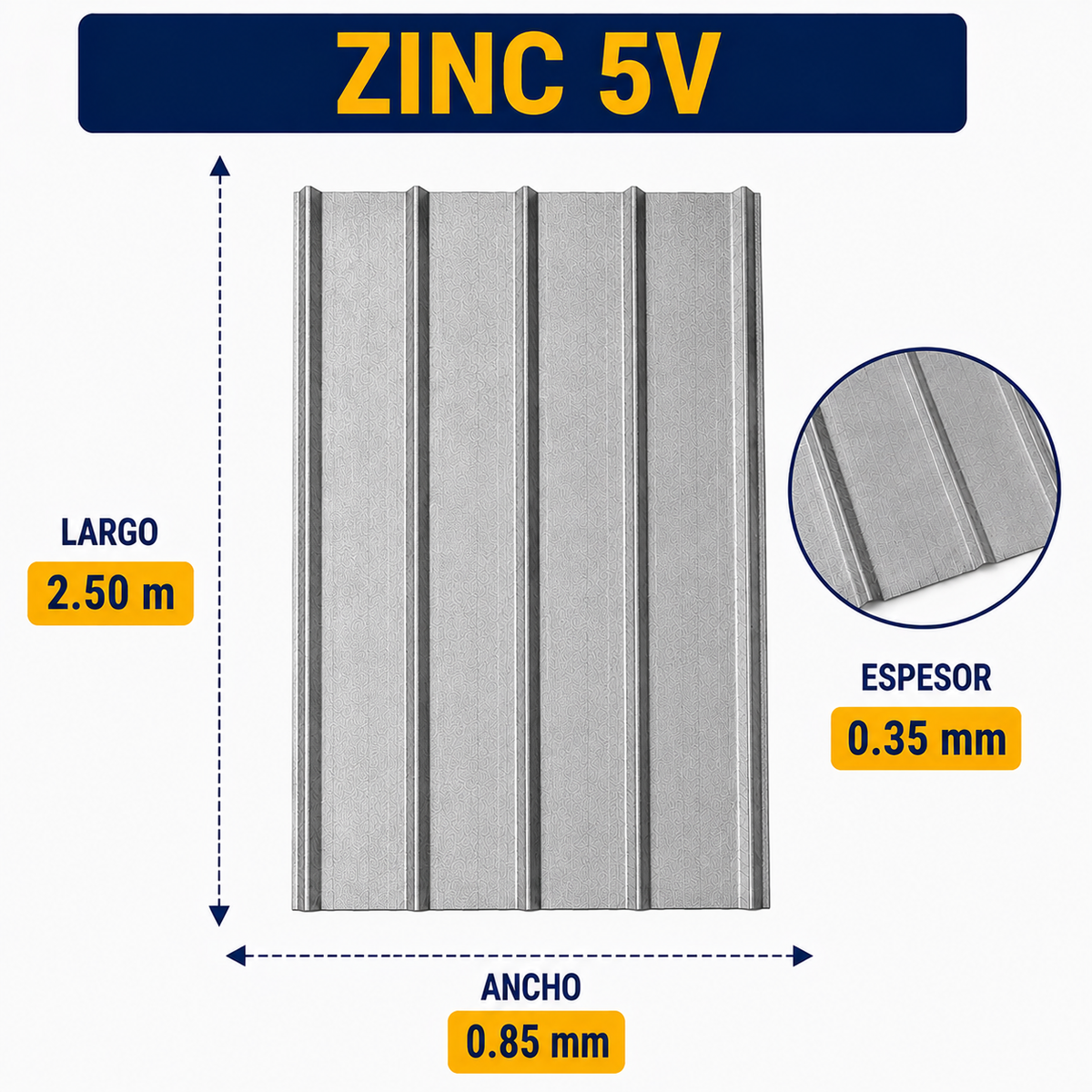 Plancha de Zinc 5V – 0.35 mm | 89,5 x 250 cm