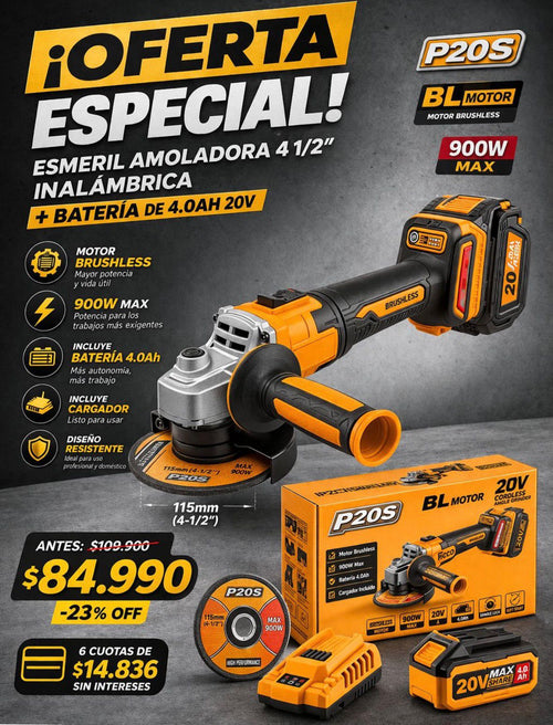 🔥 Esmeril Angular Inalámbrico INGCO 20V 4 1/2”